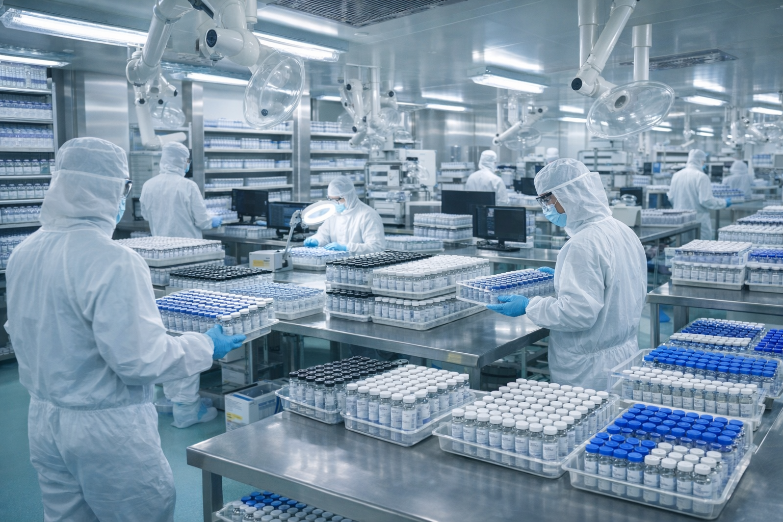 High-tech peptide production facility showing laboratory-grade manufacturing equipment.
